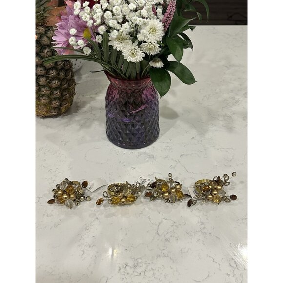 Pier 1 Jeweled Beaded Amber Gold Napkin Rings Cluster Hollywood Regency Set of 4 - Picture 1 of 9